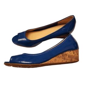 Cole Haan Nike Air Blue Patent Leather Open Toe Cork Wedge Shoes